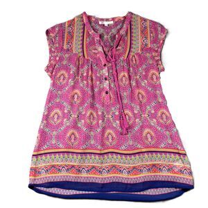 DR2 Women Sheer Top Cap Sleeve Paisley Print Boho Hippie Hot Pink Small L116